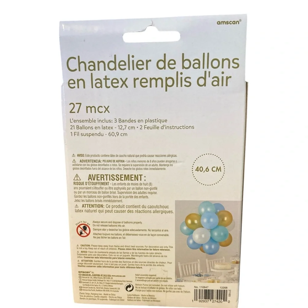 New- Amscan 16” Air-Filled Latex Balloon Chandelier - Blue, Gold, White
